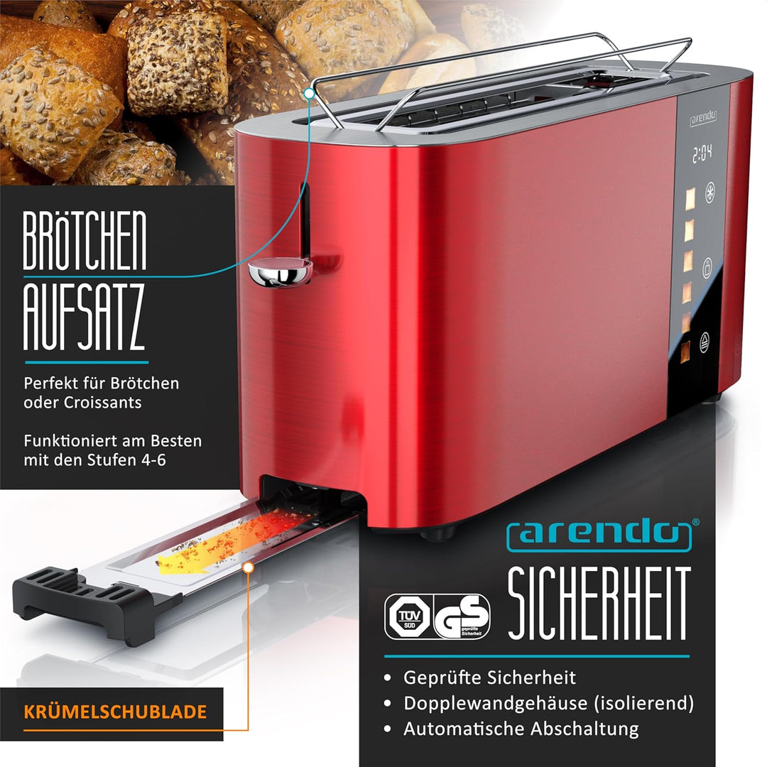 Arendo - Edelstahl Toaster 2 Scheiben Langschlitz - Touchscreen – Doppelwandgehäuse – Integrierter B