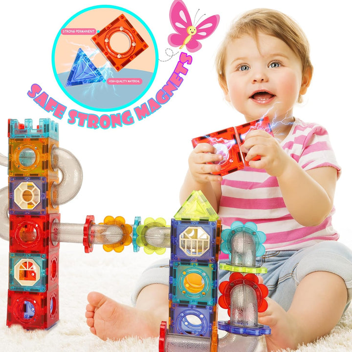 SVYHUOK Magnetische Bausteine für Kinder, Magnet Konstruktionsspielzeug 3D, 81 Teile Murmelbahn Lern