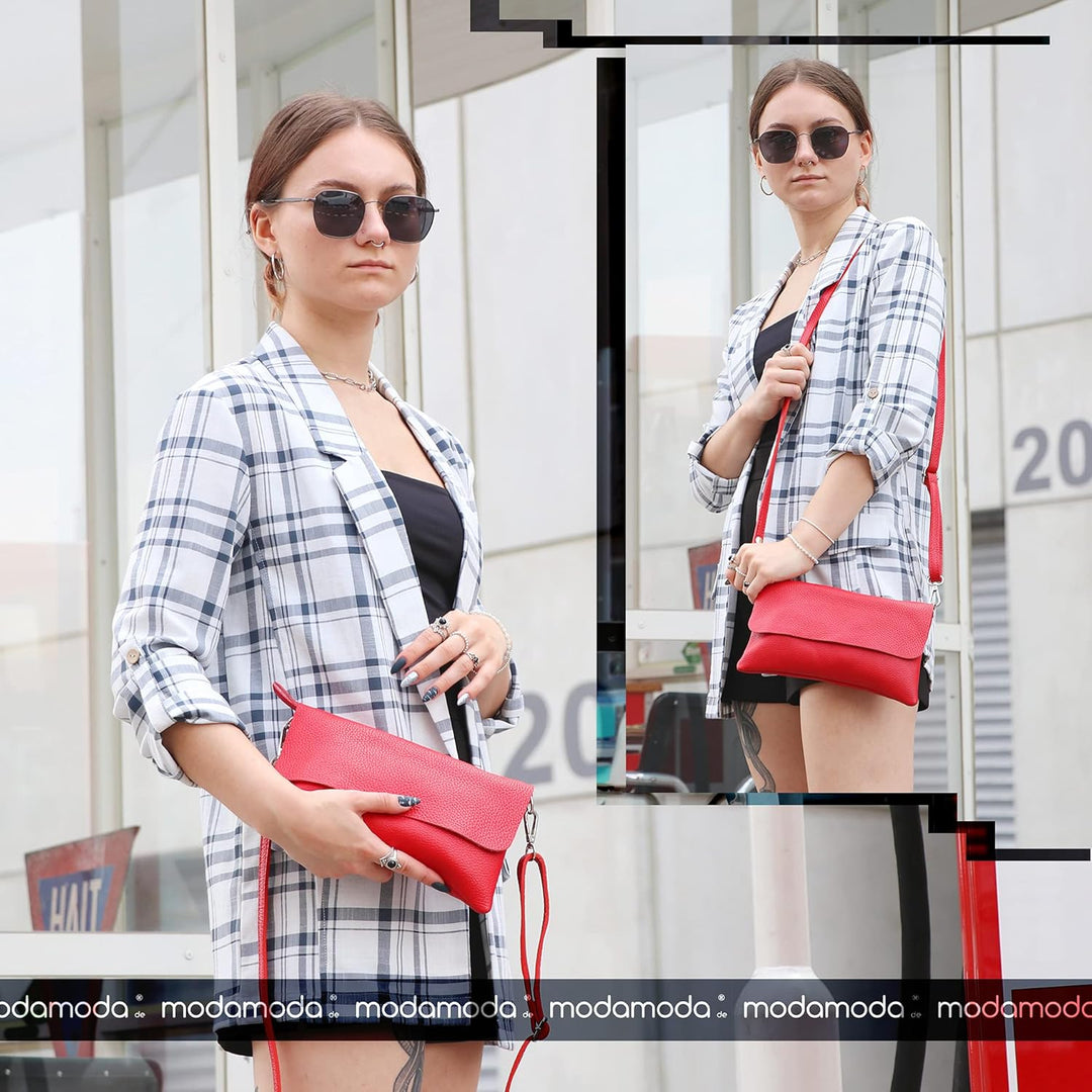 modamoda de - T226 - ital. Leder Clutch Umhängetasche Klein Small Terrabraun, Terrabraun