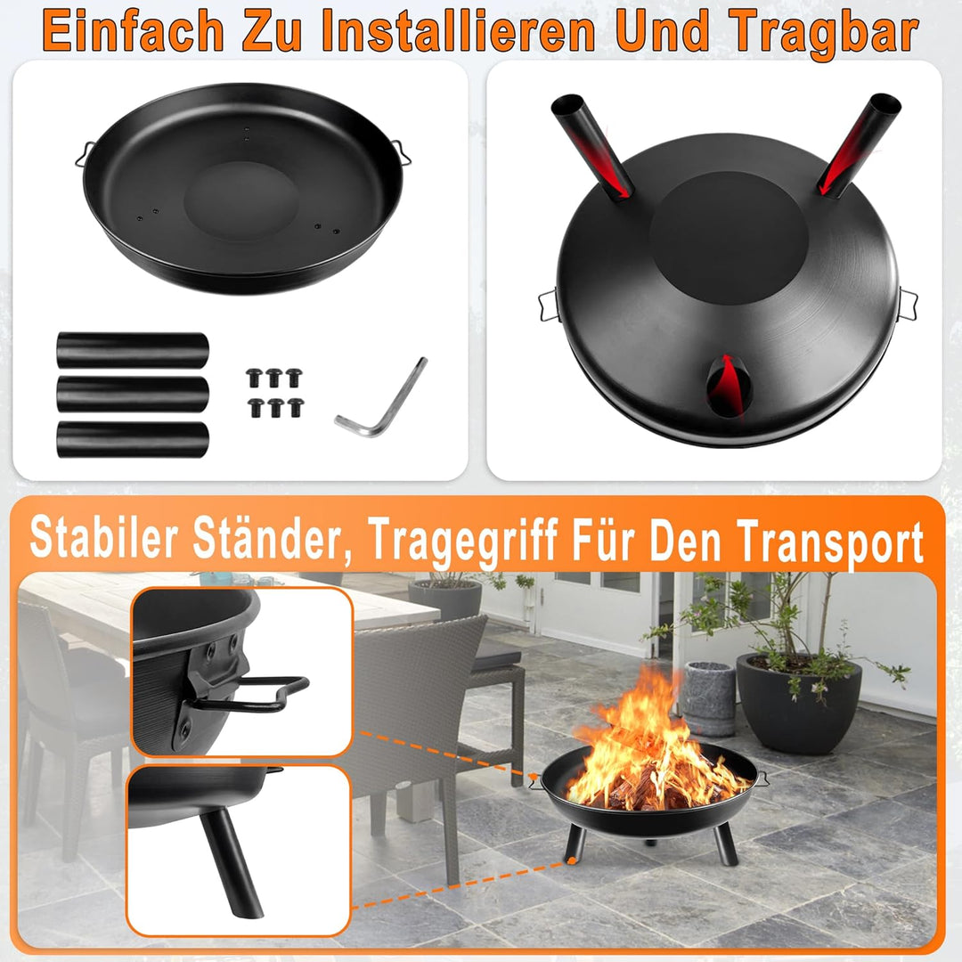 Aufun Feuerschale Ø 76 cm Rund, Multifunktionale Gusseisen Metallschale mit Griffen und 3 Abnehmbare