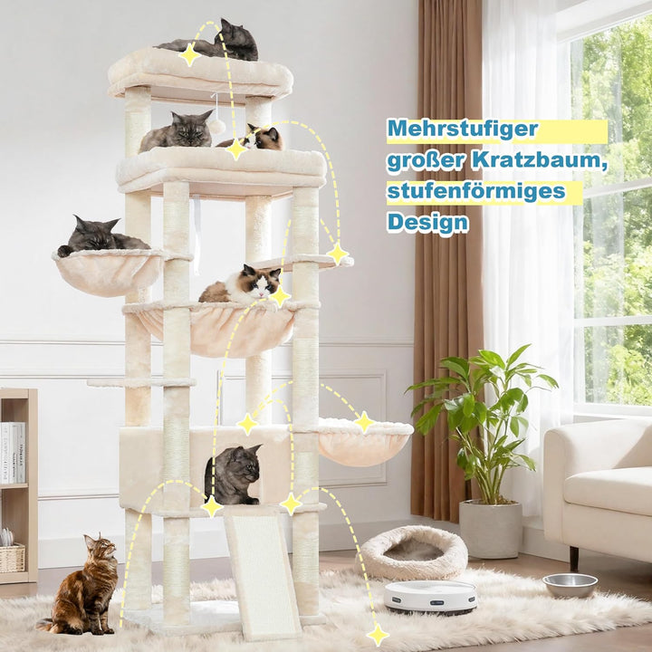 Hey-brother Kratzbaum, 182 cm hoch Katzenbaum für Grosskatze, mehrstöckiger Katzenkratzbaum mit 2 Gr