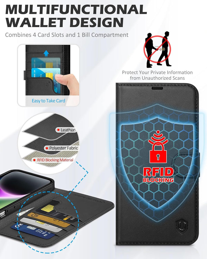 SHIELDON Hülle für iPhone 14 Plus 5G Handyhülle TPU Schutzhülle [Echtleder] [Kartenfach] [Magnet] [S