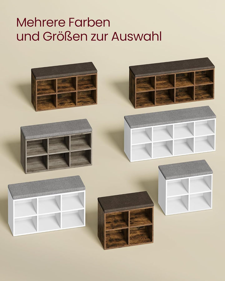 VASAGLE Schuhbank, Schuhregal mit Sitzfläche, Sitzbank mit Stauraum, Kissen, 4 Fächer, verstellbare