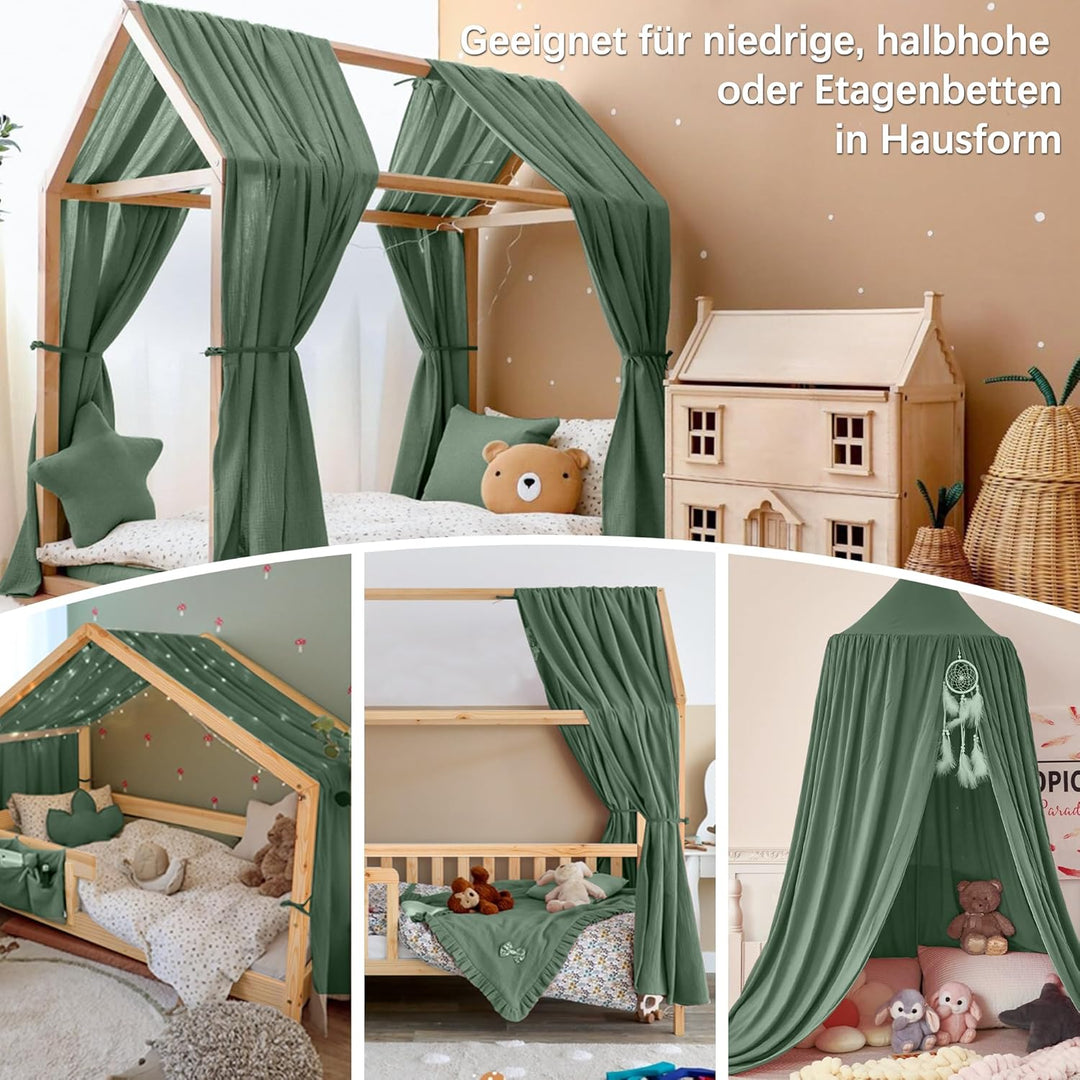 iLuane Hausbett Himmel Deko - 3PCS Betthimmel Hausbett Set, 100% Baumwolle Musselin Vorhang - Hausbe