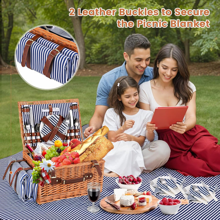Premium Picknickkorb-Set für 4 Personen, Weidenkorb mit Kühlfach, Wasserdichter Decke, Tellern, Gläs