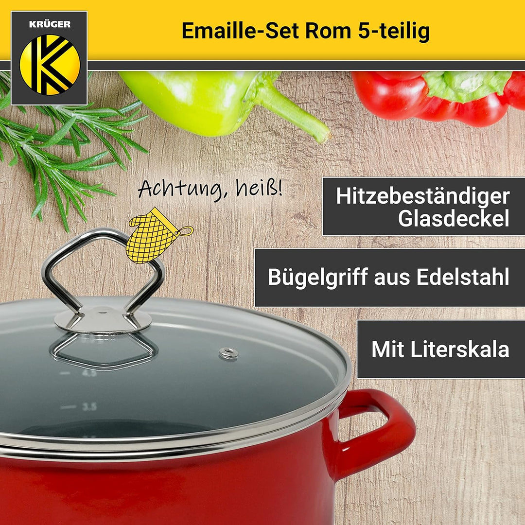 Krüger Emaille-Set Rom 5 teilig - Emaille-Topfset aus Fleischtopf, Stieltopf und Milchtopf - Töpfe m