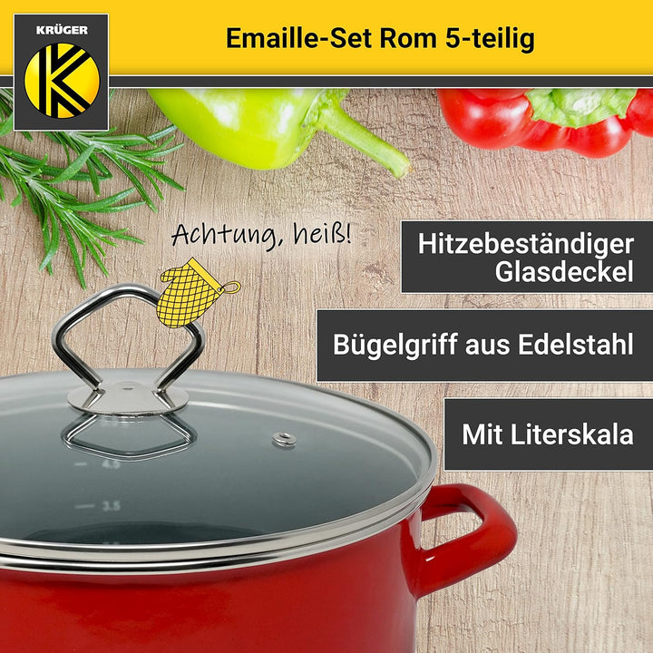 Krüger Emaille-Set Rom 5 teilig - Emaille-Topfset aus Fleischtopf, Stieltopf und Milchtopf - Töpfe m