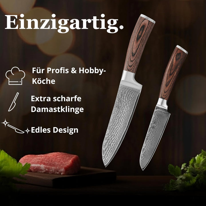 Wakoli Edib 2er Damastmesser-Set mit extrem scharfen Klingen von 12-17 cm Länge gefertigt aus 67 Lag