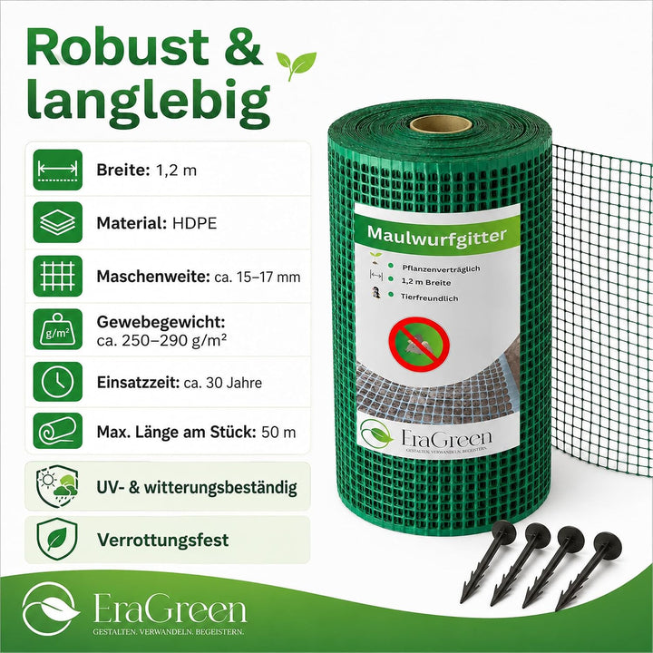 EraGreen® Maulwurfgitter 80 m x 1,2 m Breite Inklusive 80 Erdanker GRATIS - Maulwurfschutz für Rollr