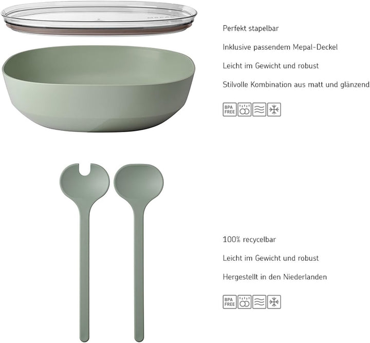 Mepal – Salat-Set Silueta – Servierschale mit Deckel (4000 ml) mit Salatbesteck (28,5 cm) – Outdoor-