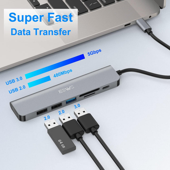 JESWO 7-in-1 USB-C-Hub mit HDMI 4K, USB 3.0, 2 USB-Ports 2.0, SD/TF-Kartenleser, 100 W PD, Multi-Por