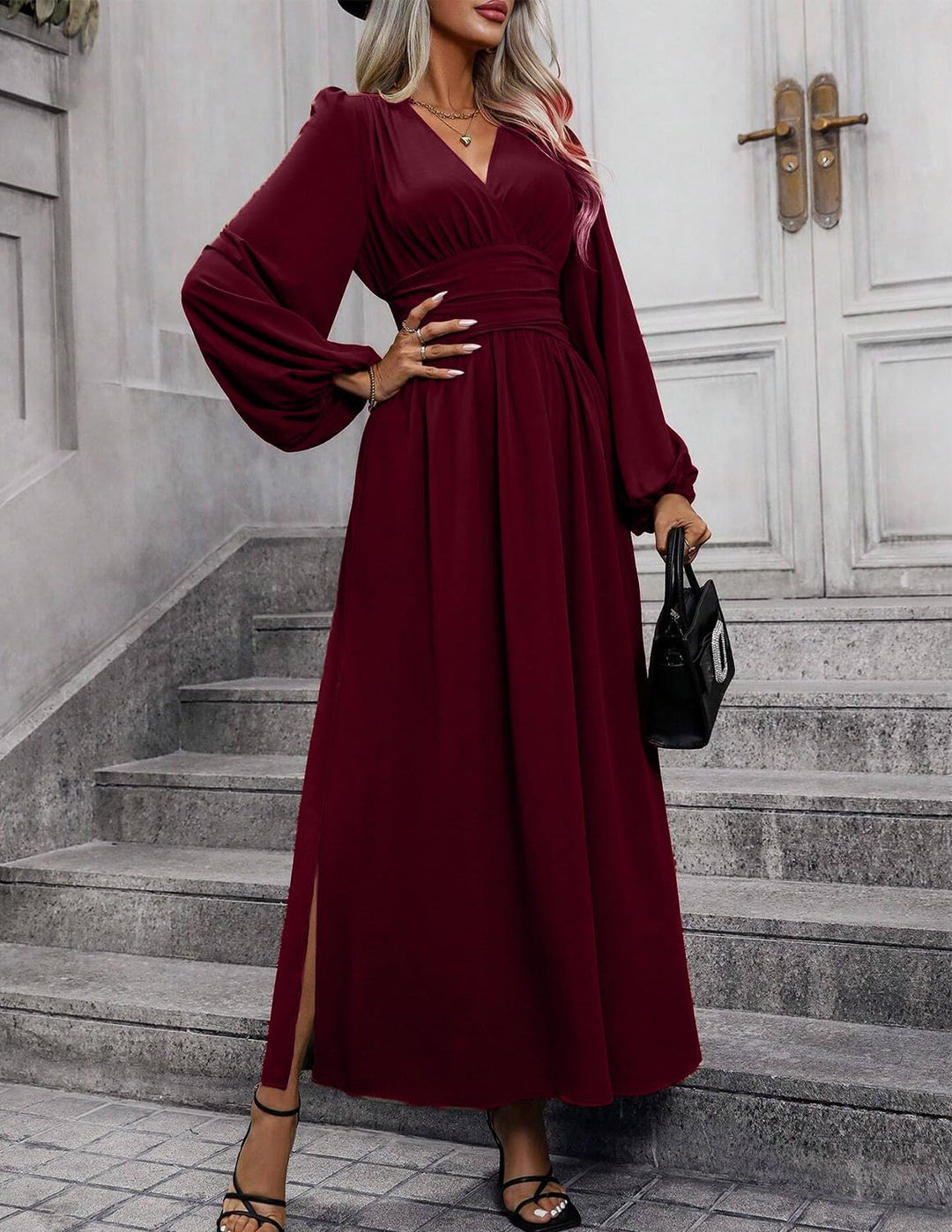 Damen Kleid 2.0 Elegant Langarm V-Ausschnit Tunika Maxikleider Casual Hohe Taille Saumschlitz Cockta