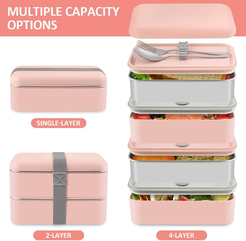 Bento Box, Lunchbox Brotdose mit Fächern 2 Ebenen mit 2 Stück Umweltfreundlichen PP & Edelstahlbehäl
