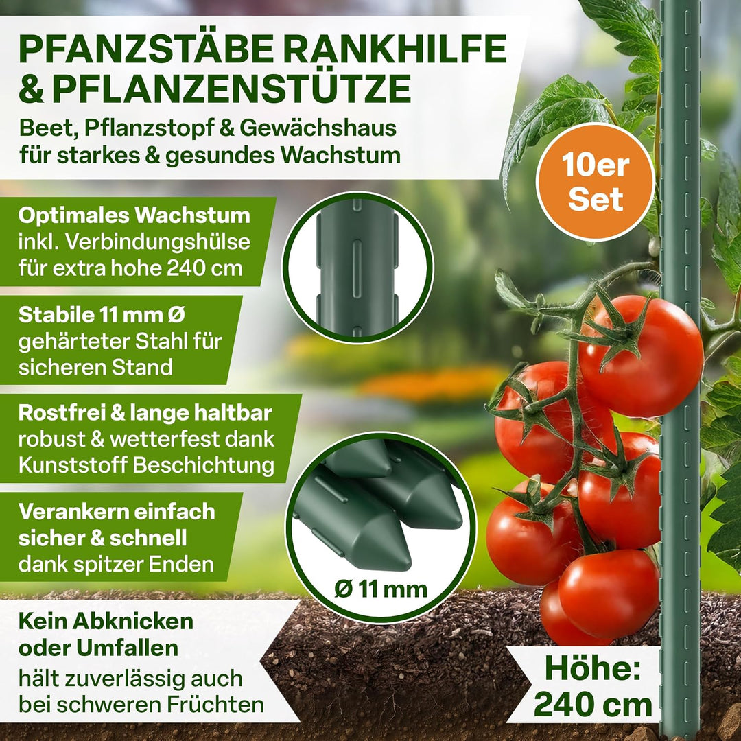 TTL GARDEN Rankstäbe 15er Set 240 cm x 11mm Ø grün + Klettband &amp; Clips | - Rankhilfe Pflanzstäbe Sta