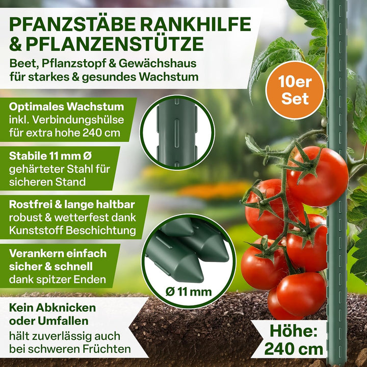 TTL GARDEN Rankstäbe 15er Set 240 cm x 11mm Ø grün + Klettband &amp; Clips | - Rankhilfe Pflanzstäbe Sta