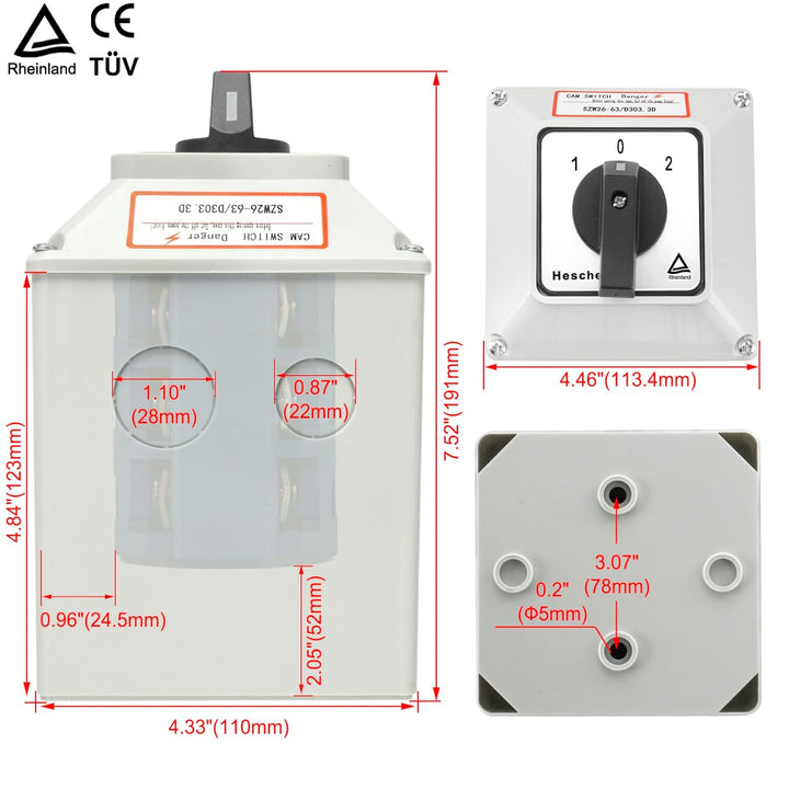 Heschen Universal Drehnockenwahlschalter, SZW26-63/D303.3D, 660V 63A, ON-OFF-ON 3 Positionen, 3 Phas