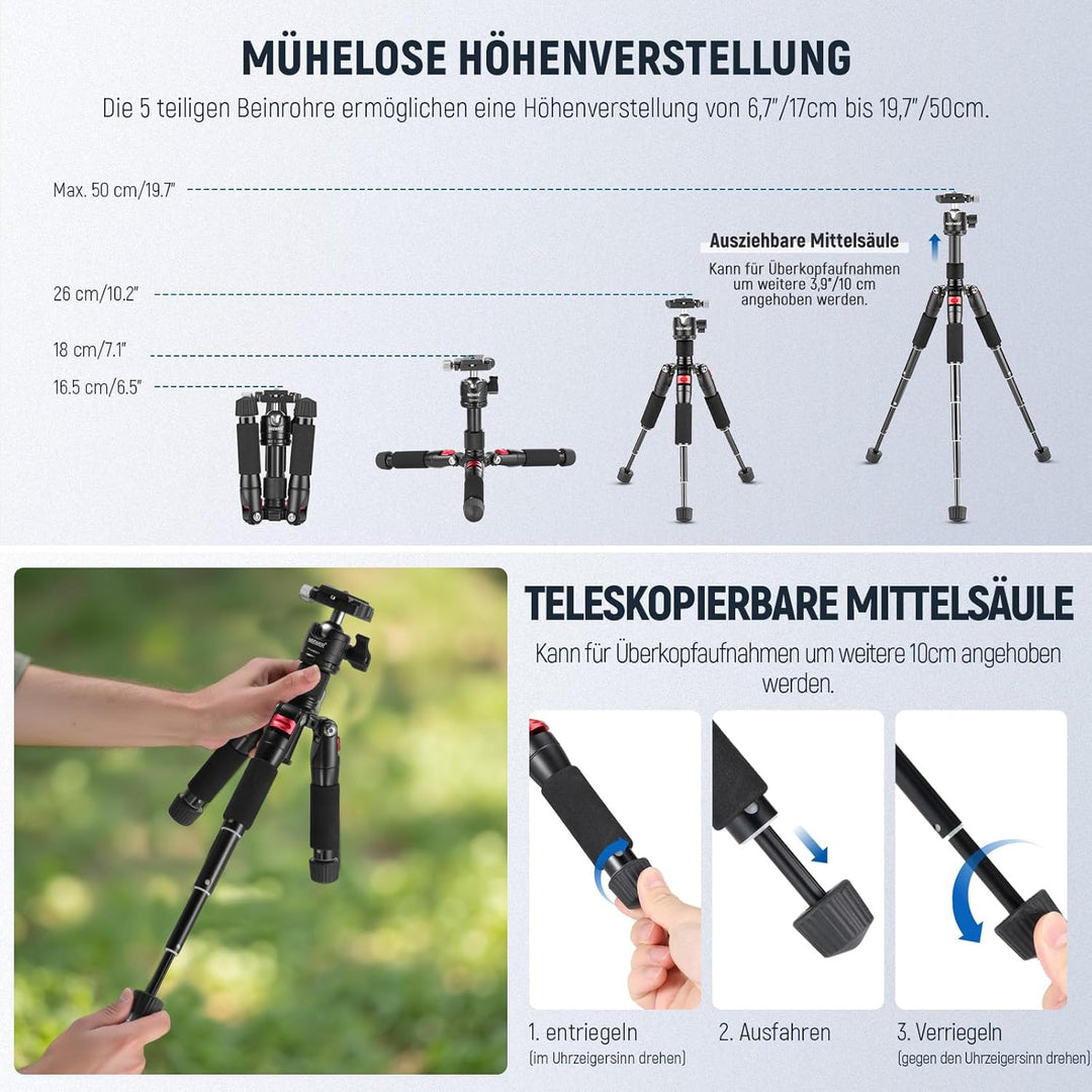 NEEWER Mini Stativ für Kamera mit 360°Kugelkopf Aluminiumlegierung 20"/ 50cm 1/4" Arca Type QR Plate