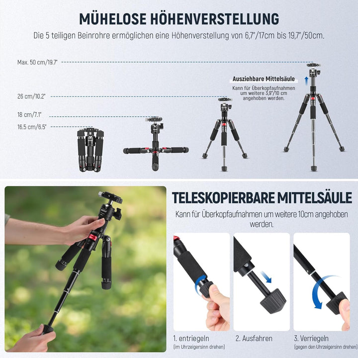 NEEWER Mini Stativ für Kamera mit 360°Kugelkopf Aluminiumlegierung 20"/ 50cm 1/4" Arca Type QR Plate