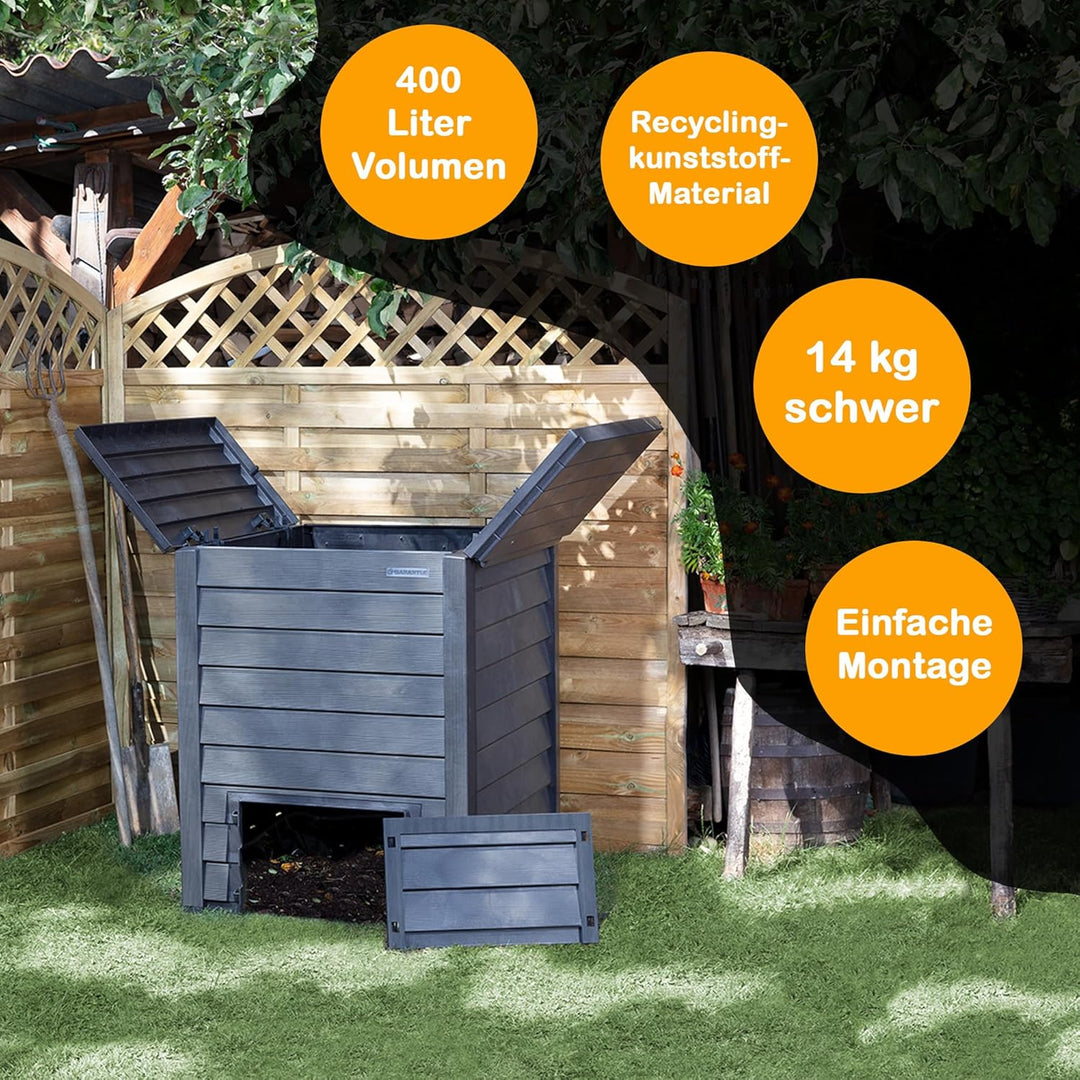 Thermo Wood Komposter 400 L, inkl. Bodengitter, Gartenkomposter aus Kunststoff anthrazit-braun 400 L