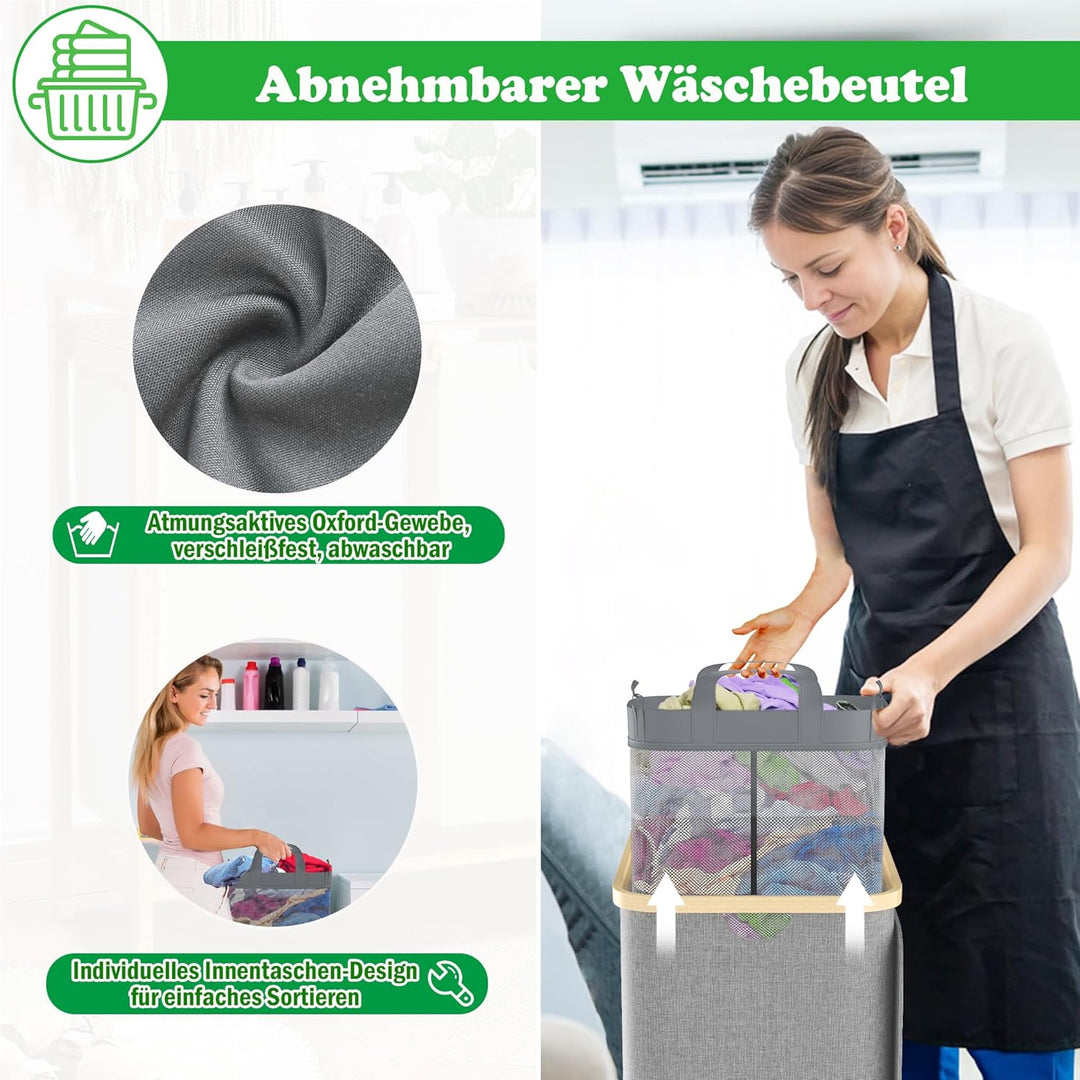 SUBTLETY 140L Wäschekorb aus Oxford-Gewebe 3 Fächer Abnehmbar Wäschesammler mit Bambusrahmen Faltbar