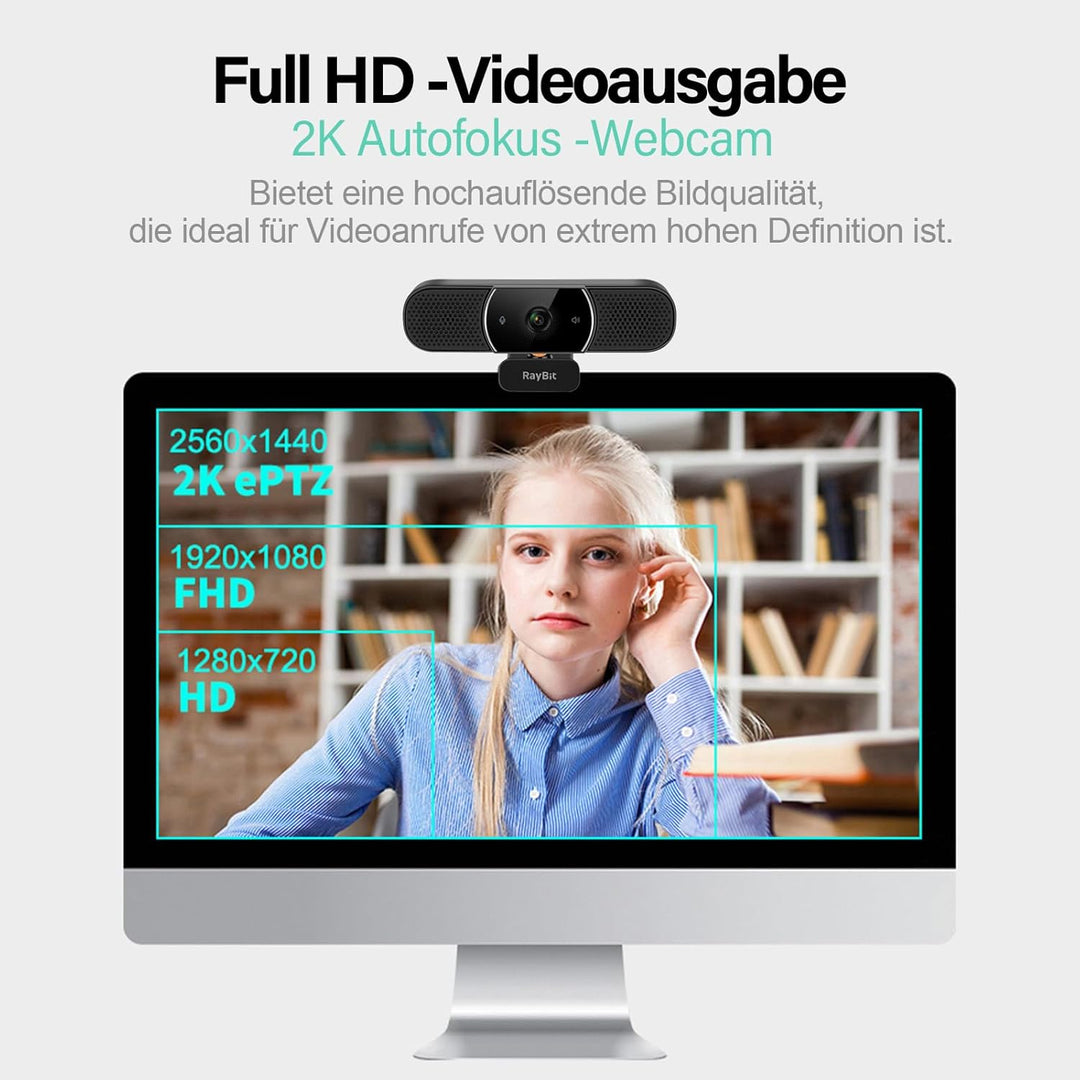 3-in-1 Webcam - 2K HD Webcam mit Mikrofon, Lautsprecher und Abdeckungen, Klarer Stereo-Sound & Belic