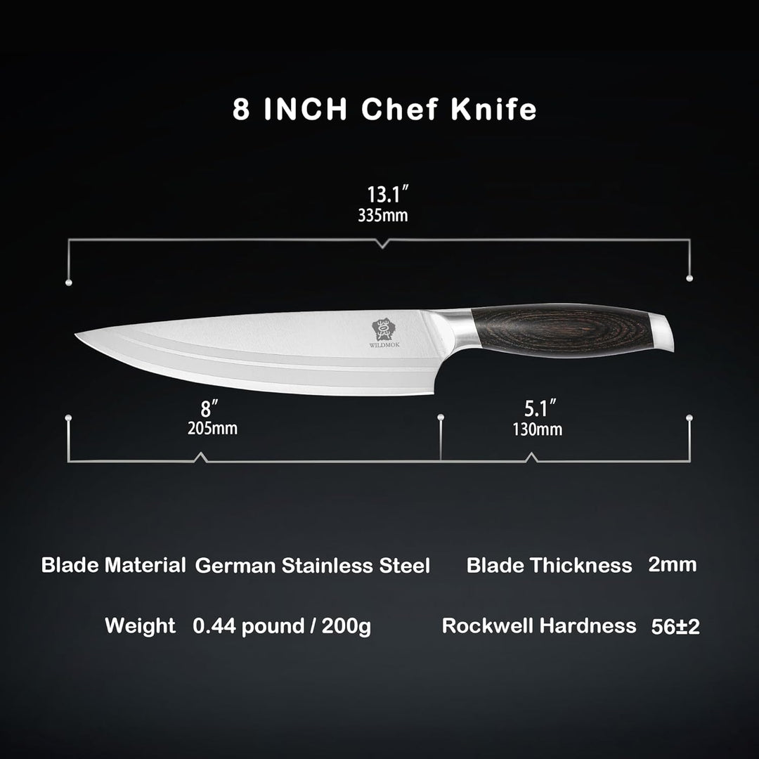 WILDMOK Kochmesser 20,6 cm, Küchenmesser aus deutschem Stahl, Kochmesser mit Griff aus Pakkaholz, Ge