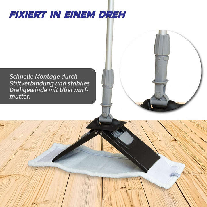 Bodenwischer Set Moppstange Aluminium mit Rändelhandgriff + Klapphalter & 5x Microfasermopp Bezug 50