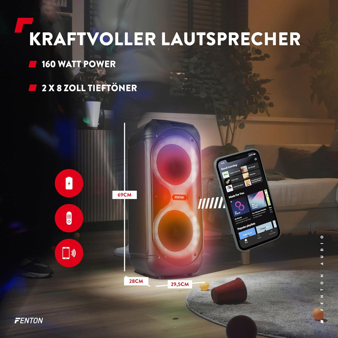 Fenton Track510 Musikbox Bluetooth Gross mit LED 160W, 10 Std Akku, 2 Mikrofone, Fernbedienung, Part