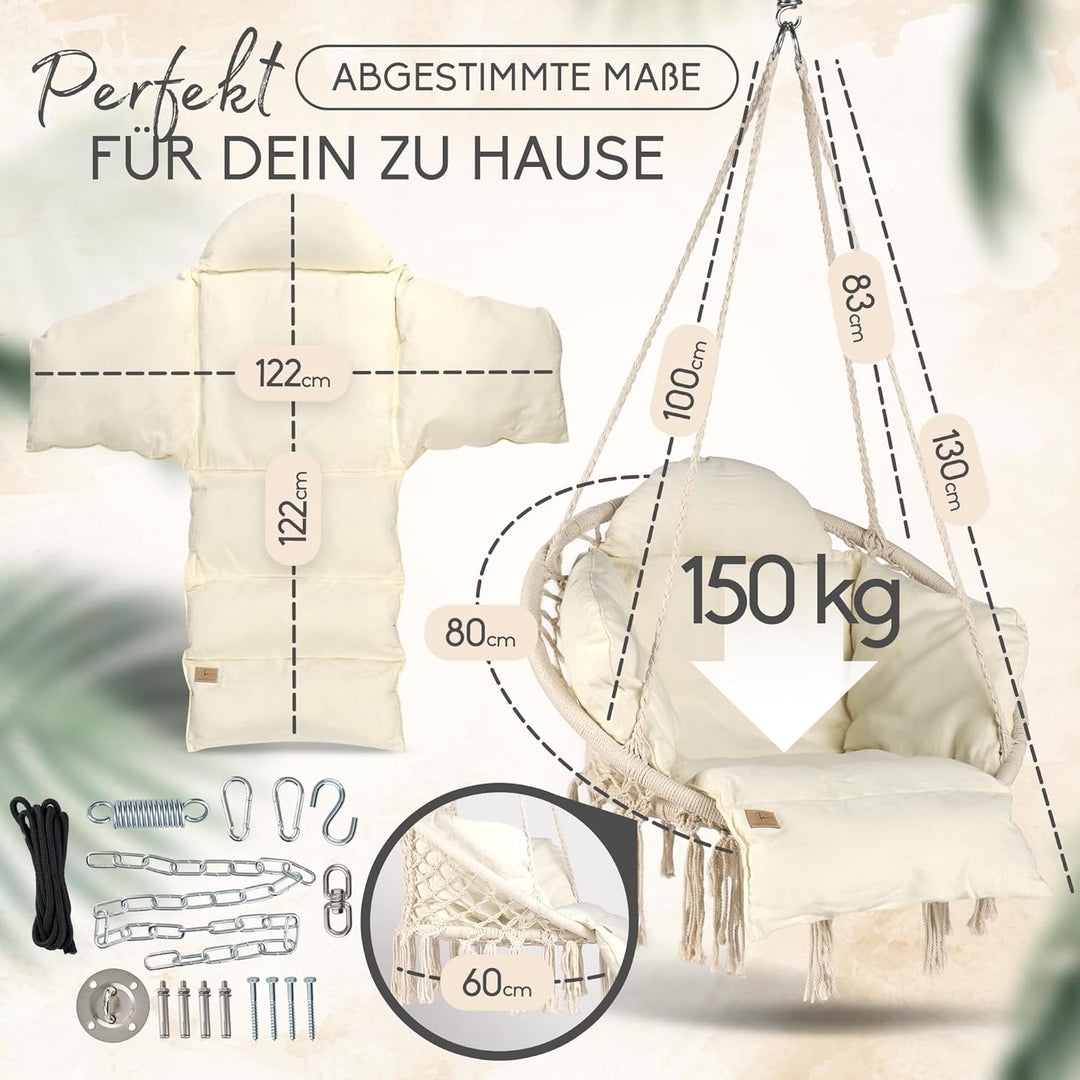 BELLAMATILDA® Hängesessel mit XXXL Kissen 100% Baumwolle | Weicher Hängestuhl Outdoor &amp; Indoor | Hän