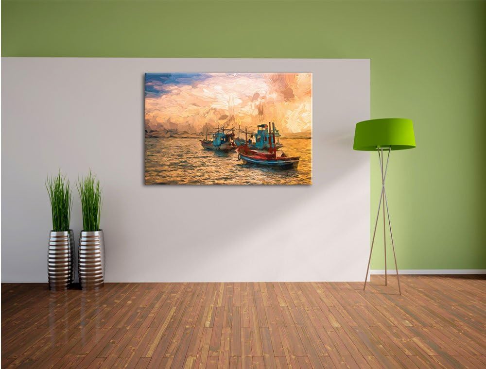 Pixxprint thailändische Fischerboote im Meer Kunst Pinsel Effekt, Format: 100x70 auf Leinwand, XXL r