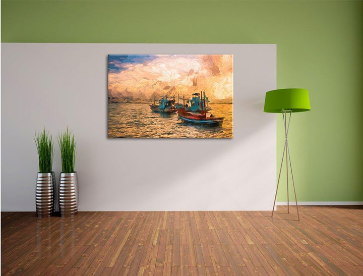 Pixxprint thailändische Fischerboote im Meer Kunst Pinsel Effekt, Format: 100x70 auf Leinwand, XXL r