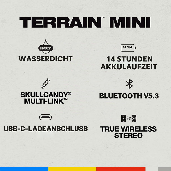 Skullcandy Terrain Mini Wireless tragbarer Bluetooth-Lautsprecher, Wasserdicht (IPX7), 14 Stunden Ak