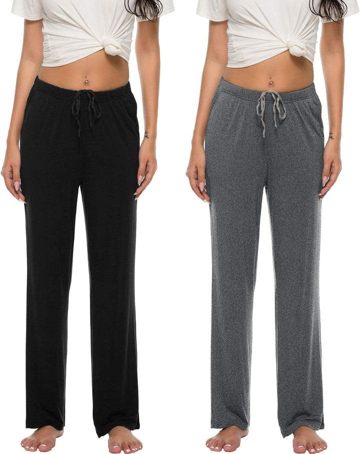 MoFiz Damen Schlafanzughose Lang Pyjamahose Nachtwäsche Weich Loungehose Freizeithose mit Taschen S