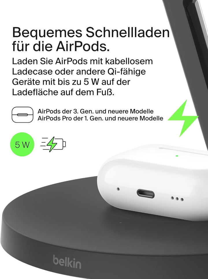 Belkin BoostCharge Pro 3-in-1 Qi2 Kabelloses Ladegerät, MagSafe-Kompatibles Ladegerät, Induktive Lad