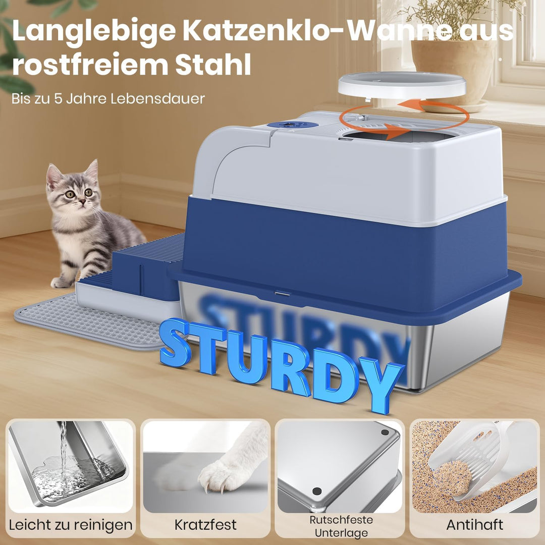 XXL Katzenklo Edelstahl mit Deckel, Cityflee Geschlossenes Katzenklo, Katzentoilette mit Deckel & Fr