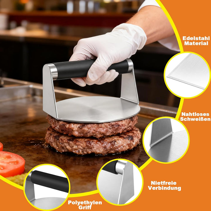Smash Burger Set aus Edelstahl, 5 Smash Burger Set, Vielseitig Burgerpressen Kit, Burger Spachtel Se