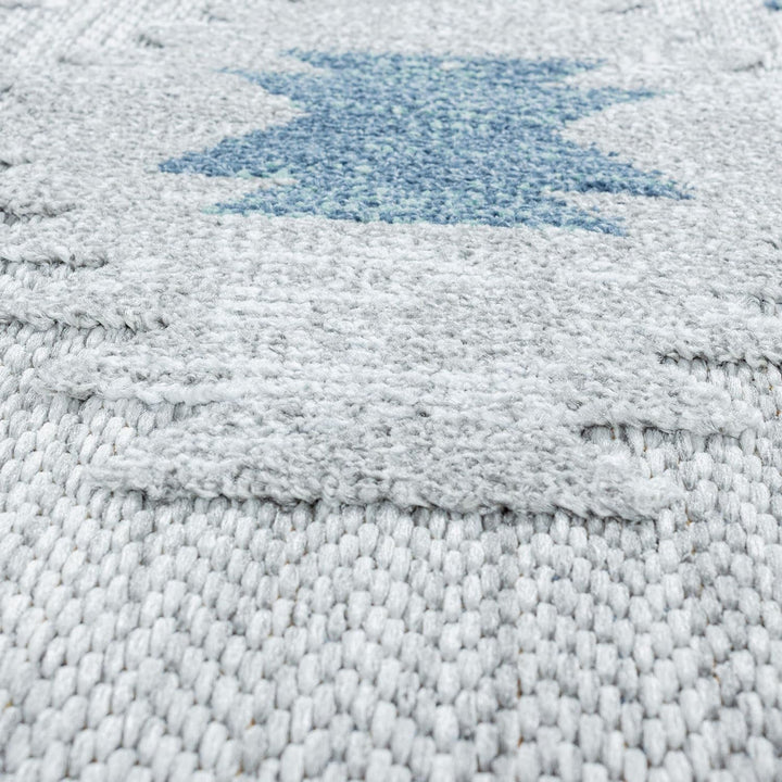 Carpetsale24 Outdoor Teppich Modern, Kelim Berber Muster 3D Optik, Rechteckig, Grau mit blauen Muste