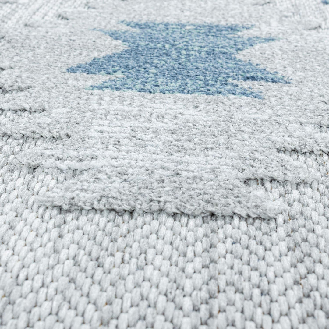Outdoor Teppich Modern, Kelim Berber Muster 3D Optik, Rechteckig, Grau mit blauen Mustern, Hoch-Tief