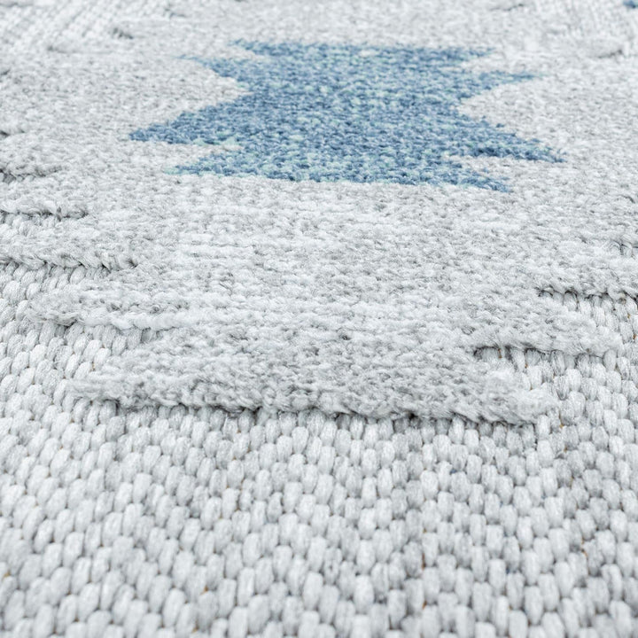 Outdoor Teppich Modern, Kelim Berber Muster 3D Optik, Rechteckig, Grau mit blauen Mustern, Hoch-Tief