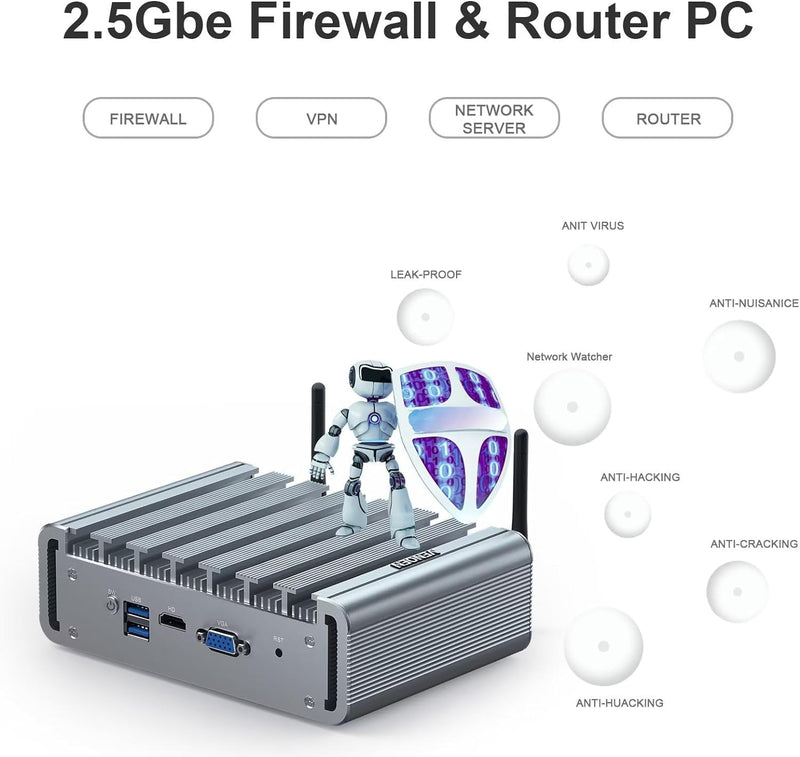 VENOEN Micro Firewall Appliance Fanless Mini PC 4 LAN, Firewall Mini PC Celeron J4125,4 x I225-V NIC