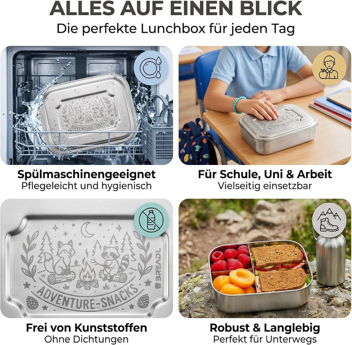 Edelstahl Brotdose, Feste Trennwand und 3 Fächer, Plastikfrei, Rostfrei, Spülmaschinengeeignet, Klei
