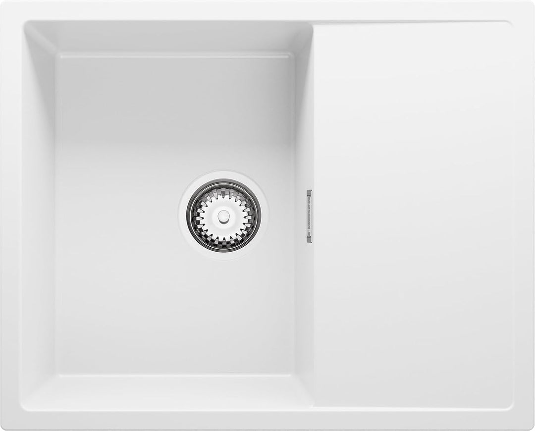Spülbecken Weiss 62x50 cm, Granitspüle + Ablauf-Set, Küchenspüle für 45er Unterschrank, Einbauspüle