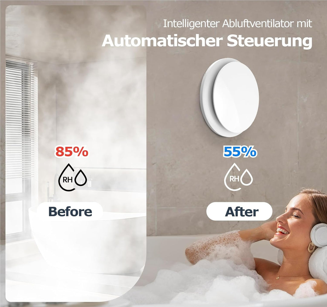 Badlüfter mit Feuchtigkeitssensor Temperatursensor Timer - WC Lüfter 100mm mit Fernbedienung, Echtze