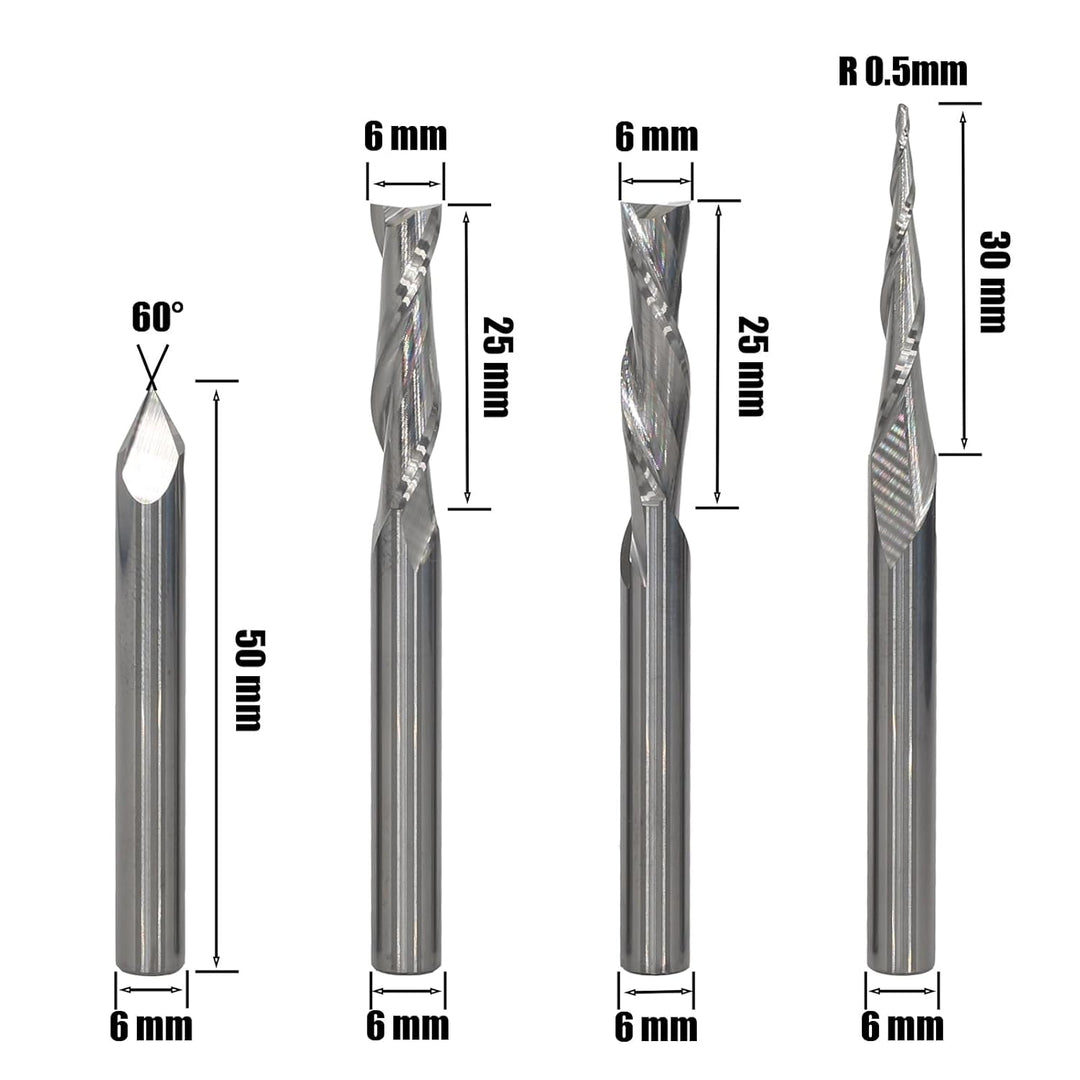 AKYLIN 4 Stück Fräser Set 6 MM Schaft,Spiralfräser Vollhartmetall VHM CNC Fräser,0.5 mm Radius Gravi