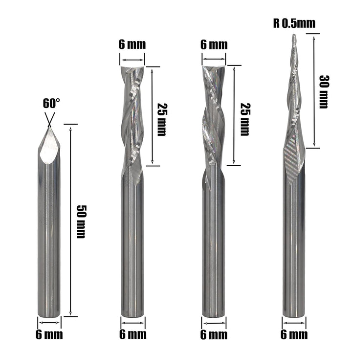 AKYLIN 4 Stück Fräser Set 6 MM Schaft,Spiralfräser Vollhartmetall VHM CNC Fräser,0.5 mm Radius Gravi