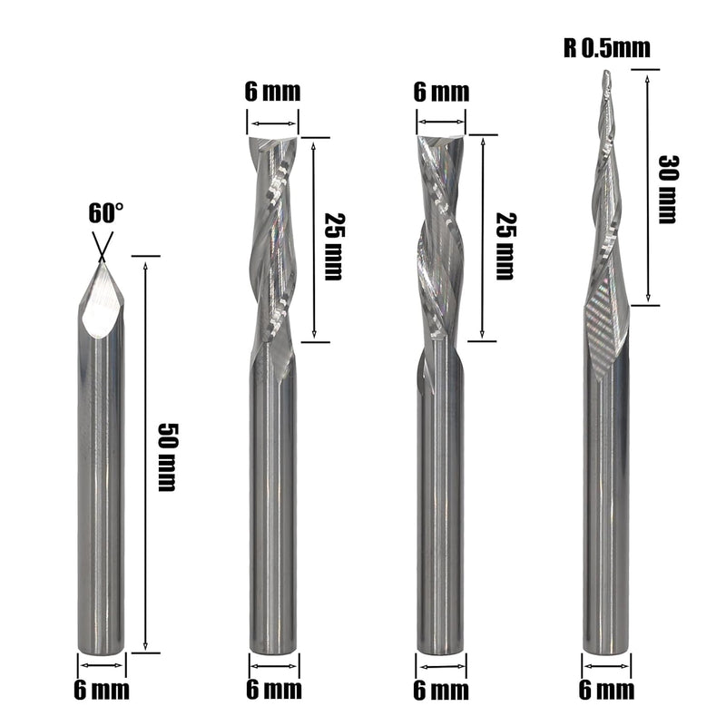 AKYLIN 4 Stück Fräser Set 6 MM Schaft,Spiralfräser Vollhartmetall VHM CNC Fräser,0.5 mm Radius Gravi