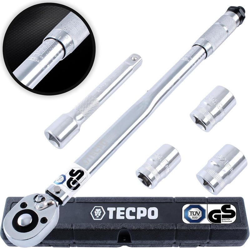 TECPO Drehmomentschlüssel Satz 1/2 Zoll Werkzeug 470mm lang 40-210 Nm 3x Steckschlüssel Nüsse 17mm 1
