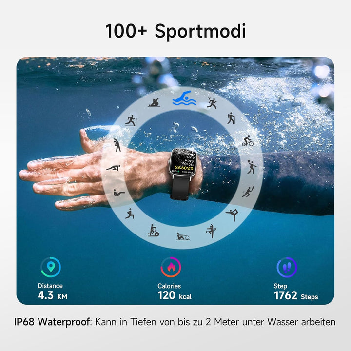 Smartwatch Herren Damen mit Telefonfunktion,1.85" HD Uhren mit Herzfrequenz Schlafmonitor SpO2 Schri