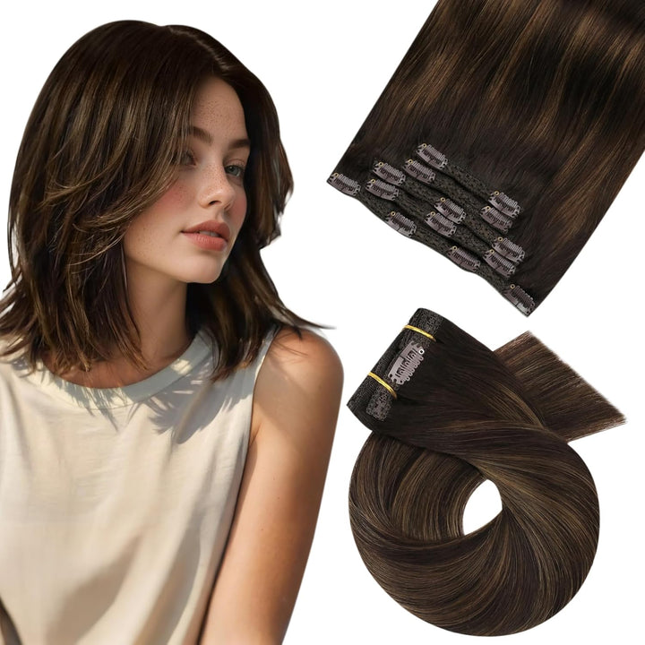 Moresoo Clip in Extensions Echthaar Balayage Remy Extensions Clip in Echthaar Dunkelstes Braun mit M