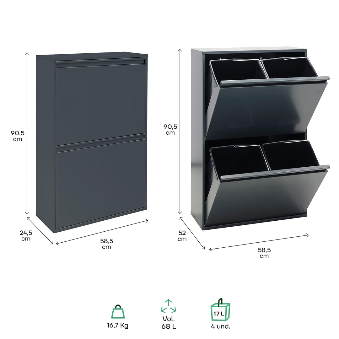 ARREGUI Basic CR604-B Recycling Abfalleimer/Mülleimer aus Stahl | Mülltrennsystem mit 4 entnehmbaren